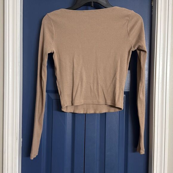 Zara Square Neck Ribbed Cropped Ling Sleeve Top Tan Size M - Picture 5 of 5